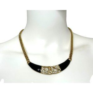 Vintage 1980s 18” Fashion Statement Necklace Art Deco Shiny Gold Tone Rhinestone